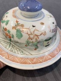 A Chinese famille verte 'ladies and boys' vase and cover, Kangxi