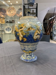 A rare polychrome Nevers earthenware baluster vase with tritons and satyrs, 2nd half 17th C.