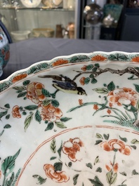 A Chinese famille verte fountain and basin with birds among flowering branches, Kangxi