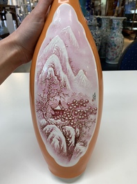 A Chinese orange-ground famille rose 'winter landscape' vase, signed Huiguang 慧光, Jingdezhen seal mark, 20th C.