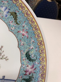 Two Chinese famille rose plates with figural design, Qianlong mark, 20th C.