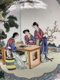 Two Chinese famille rose plates with figural design, Qianlong mark, 20th C.