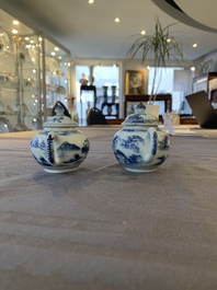 Eight Chinese blue and white cups, 14 saucers and four teapots, Kangxi/Qianlong
