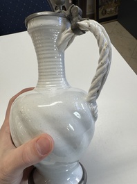 A pewter-mounted white Dutch Delftware jug, 17th C.