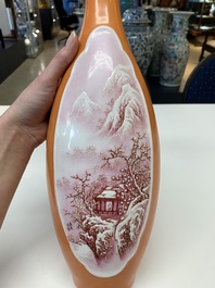A Chinese orange-ground famille rose 'winter landscape' vase, signed Huiguang 慧光, Jingdezhen seal mark, 20th C.