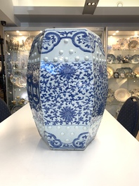 A Chinese blue and white hexagonal 'lotus scroll' garden seat, Qianlong/Jiaqing