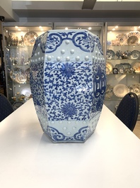 A Chinese blue and white hexagonal 'lotus scroll' garden seat, Qianlong/Jiaqing