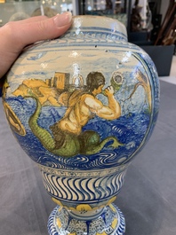 A rare polychrome Nevers earthenware baluster vase with tritons and satyrs, 2nd half 17th C.