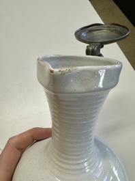 A pewter-mounted white Dutch Delftware jug, 17th C.