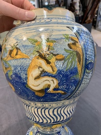 A rare polychrome Nevers earthenware baluster vase with tritons and satyrs, 2nd half 17th C.
