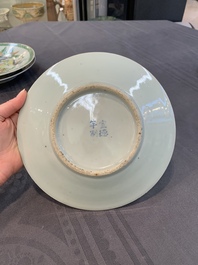 Six Chinese Canton famille verte plates with figural design, 19th C.