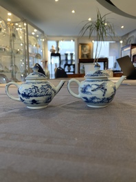 Eight Chinese blue and white cups, 14 saucers and four teapots, Kangxi/Qianlong