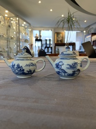 Eight Chinese blue and white cups, 14 saucers and four teapots, Kangxi/Qianlong
