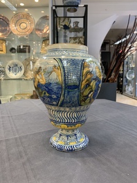 A rare polychrome Nevers earthenware baluster vase with tritons and satyrs, 2nd half 17th C.