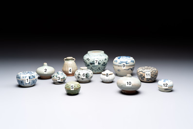 Five Chinese blue, white and monochrome jarlets and seven covered boxes, Yuan/Ming