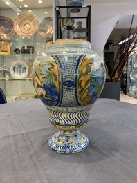 A rare polychrome Nevers earthenware baluster vase with tritons and satyrs, 2nd half 17th C.