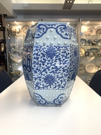 A Chinese blue and white hexagonal 'lotus scroll' garden seat, Qianlong/Jiaqing