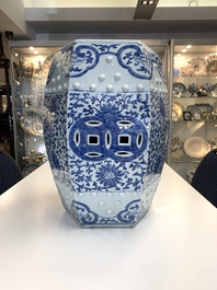 A Chinese blue and white hexagonal 'lotus scroll' garden seat, Qianlong/Jiaqing