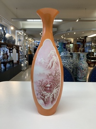 A Chinese orange-ground famille rose 'winter landscape' vase, signed Huiguang 慧光, Jingdezhen seal mark, 20th C.