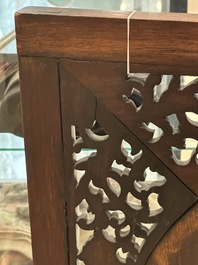 A Chinese wooden table screen with an embroidered silk with turtle design, 19th C.