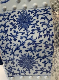 A Chinese blue and white hexagonal 'lotus scroll' garden seat, Qianlong/Jiaqing
