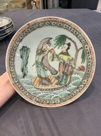 Six Chinese Canton famille verte plates with figural design, 19th C.