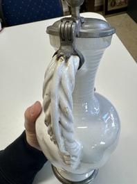 A pewter-mounted white Dutch Delftware jug, 17th C.