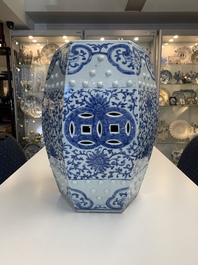 A Chinese blue and white hexagonal 'lotus scroll' garden seat, Qianlong/Jiaqing