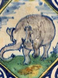 A polychrome Dutch Delft maiolica 'elephant' diamond tile, late 16th C.