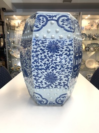 A Chinese blue and white hexagonal 'lotus scroll' garden seat, Qianlong/Jiaqing