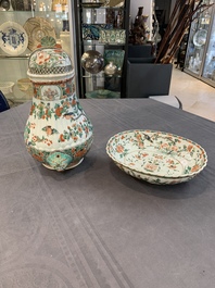 A Chinese famille verte fountain and basin with birds among flowering branches, Kangxi