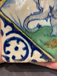 A polychrome Dutch Delft maiolica 'elephant' diamond tile, late 16th C.