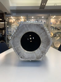 A Chinese blue and white hexagonal 'lotus scroll' garden seat, Qianlong/Jiaqing