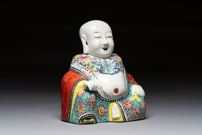 A Chinese famille rose Milefo Buddha and a white-glazed Milefo Buddha, 19th C.