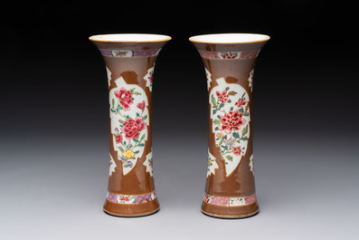 A Chinese famille rose capucin-brown-ground covered jar and a pair of beaker vases, Qianlong