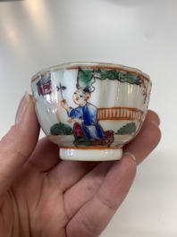 Eight Chinese Canton famille rose cups, 14 saucers and a teapot, Qianlong