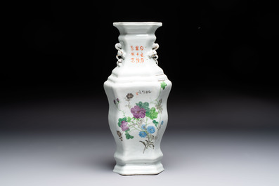 A Chinese qianjiang cai 'Wu Zi Deng Ke 五子登科' hexagonal vase, Republic, dated 1915