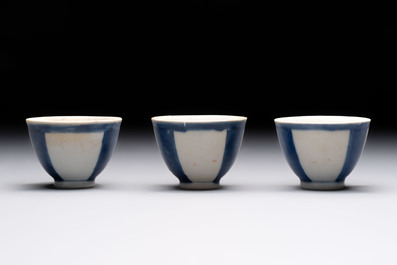 Thirteen Chinese blue and white 'Hatcher Cargo' cups and three celadon-glazed cups, Transitional period
