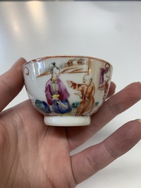 Eight Chinese Canton famille rose cups, 14 saucers and a teapot, Qianlong