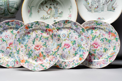 Nine Chinese famille rose and qianjiang cai wares, 19/20th C.