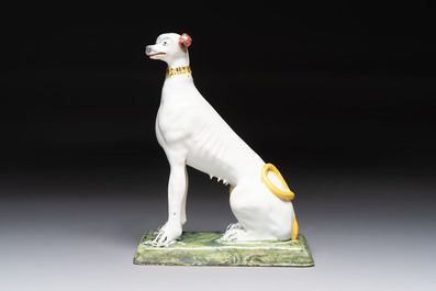 A polychrome Brussels faience greyhound, 18th C.