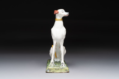 A polychrome Brussels faience greyhound, 18th C.