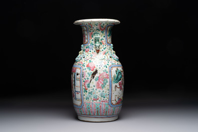A Chinese famille rose yellow-ground covered bowl, a famille rose vase and a turquoise-ground vase, 19th C.
