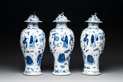 A Chinese blue and white garniture of four vases with figural design, Kangxi mark, 19th C.