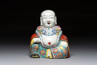A Chinese famille rose Milefo Buddha and a white-glazed Milefo Buddha, 19th C.
