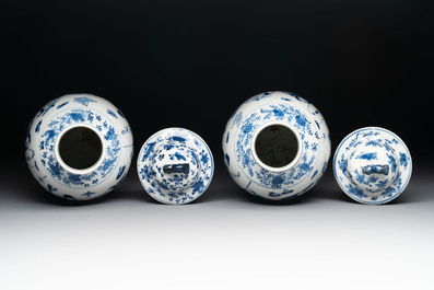 A Chinese blue and white garniture of four vases with figural design, Kangxi mark, 19th C.