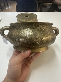 A large Chinese bronze 'Eight Immortals' censer and stand, Xuande mark, 19th C.