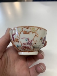 Eight Chinese Canton famille rose cups, 14 saucers and a teapot, Qianlong