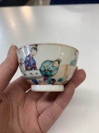 Eight Chinese Canton famille rose cups, 14 saucers and a teapot, Qianlong