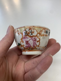 Eight Chinese Canton famille rose cups, 14 saucers and a teapot, Qianlong